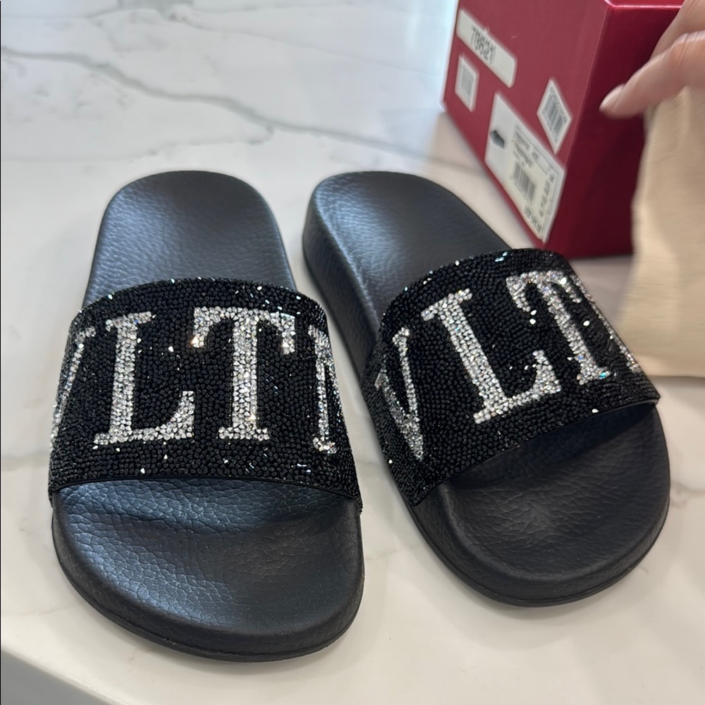 Valentino Black Slide Sandals with Silver Embellishments